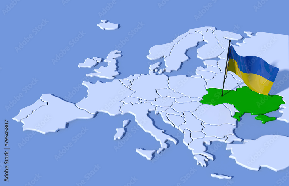 Fototapeta premium Mappa Europa 3D con bandiera Ucraina