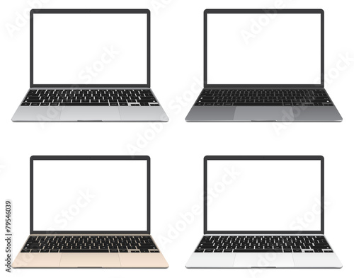 Set of Laptops with Blank Screens in Multiple Colors – Isolated Mockup on White Background