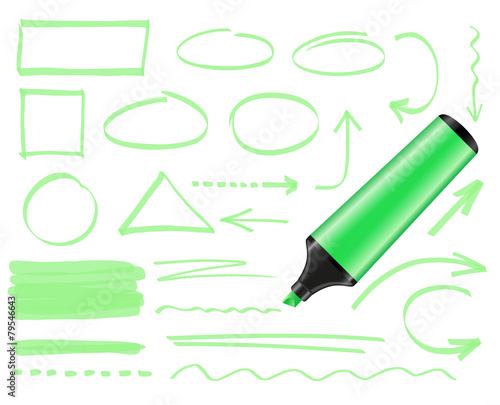 Green highlighter and set of hand drawn elements photo
