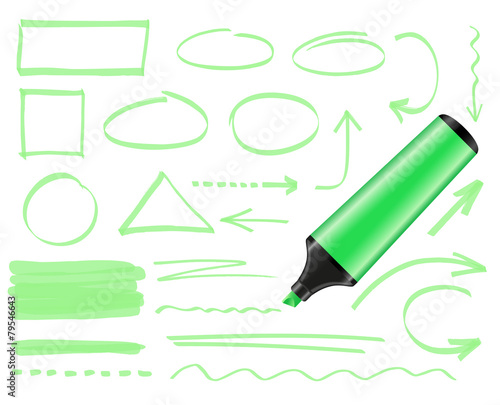 Green highlighter and set of hand drawn elements