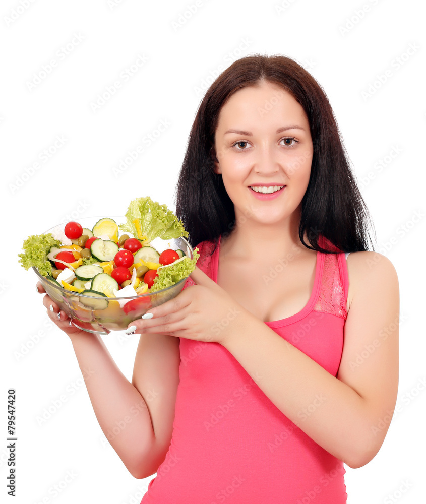 beautiful teenage girl holding dish with salad beautiful teenage girl holding dish with salad