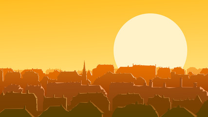 Horizontal illustration of downtown European city at sunset.