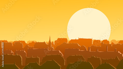Horizontal illustration of downtown European city at sunset.