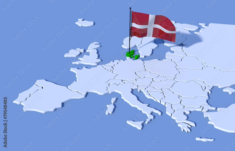 Fototapeta premium Mappa Europa 3D con bandiera Danimarca