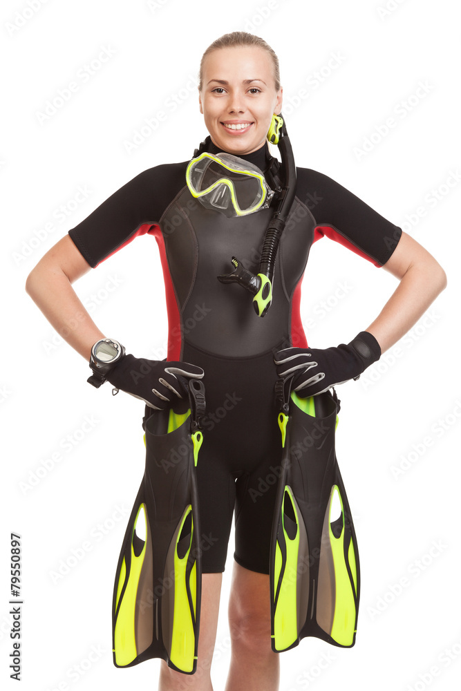 Young smiling blonde woman wearing a wet suit to swim with mask