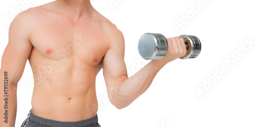 Fit shirtless man lifting dumbbell