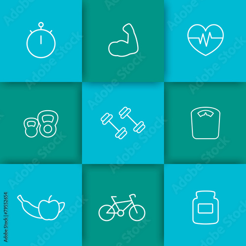 white line fitness icons on teal and blue abstract background