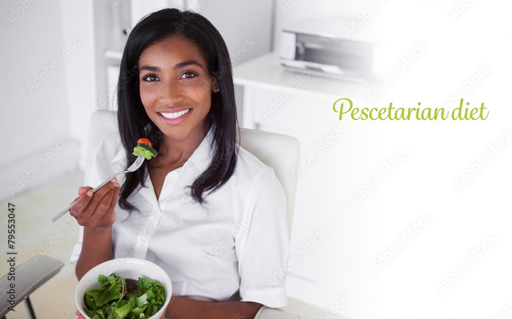 Pescetarian diet against casual pretty businesswoman Pescetarian diet against casual pretty businesswoman