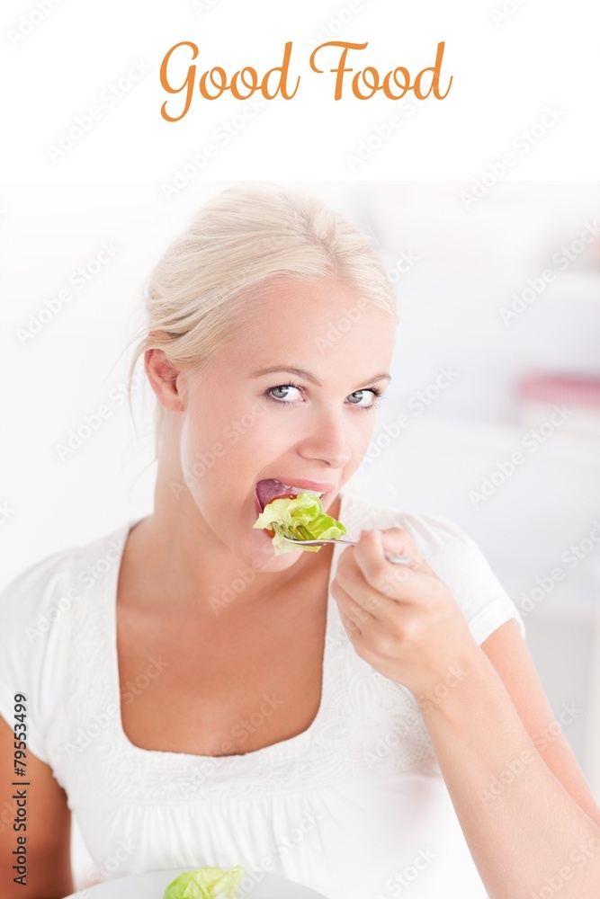Good food against portrait of a woman eating a salad Good food against portrait of a woman eating a salad
