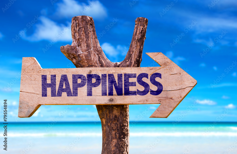 Happiness wooden sign with beach background