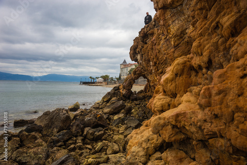 Rock formations on the beach  in Loutra Edipsou, Evia, Greece photo