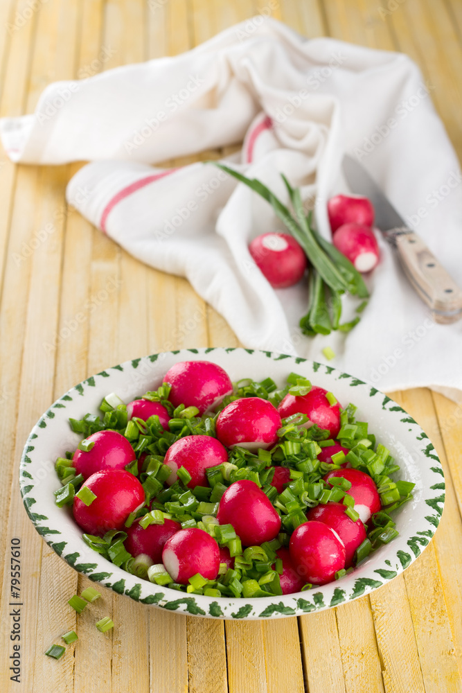 Bowl of red radishes and green onions on a wooden background Bowl of red radishes and green onions on a wooden background