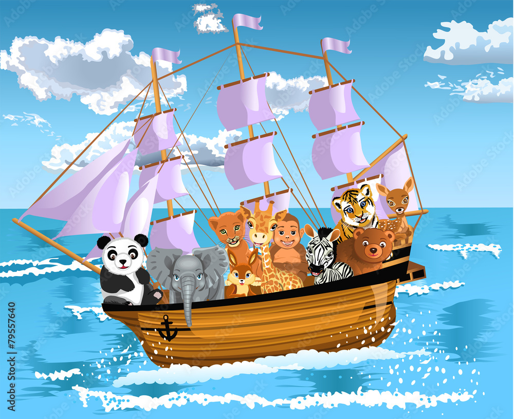 Naklejka premium animals floating on a ship