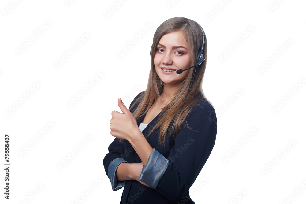 Friendly female helpline operator over white background Friendly female helpline operator over white background