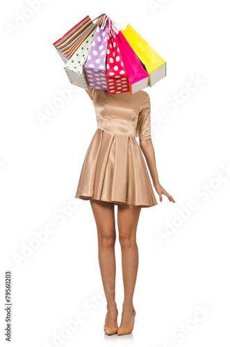 Woman many shopping bags after shopping isolated on white