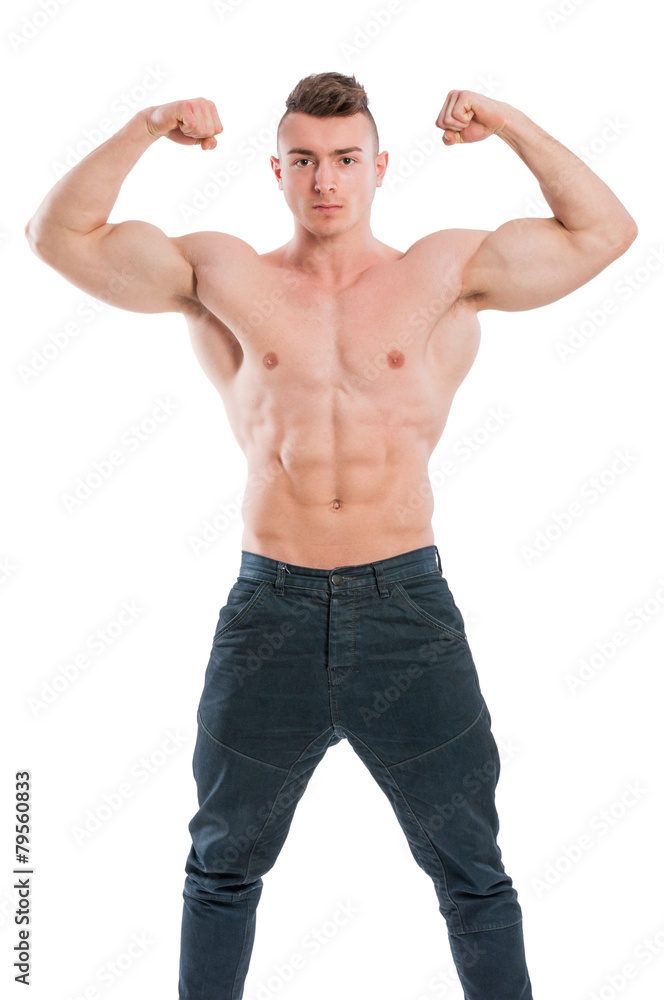 Young fit male posing shirtless on white background Young fit male posing shirtless on white background