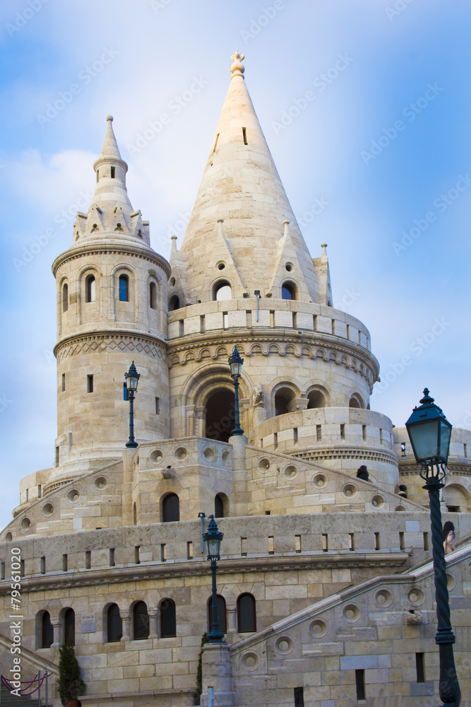 Main tower of Fisherman Bastion of Castle Hill in Budapest