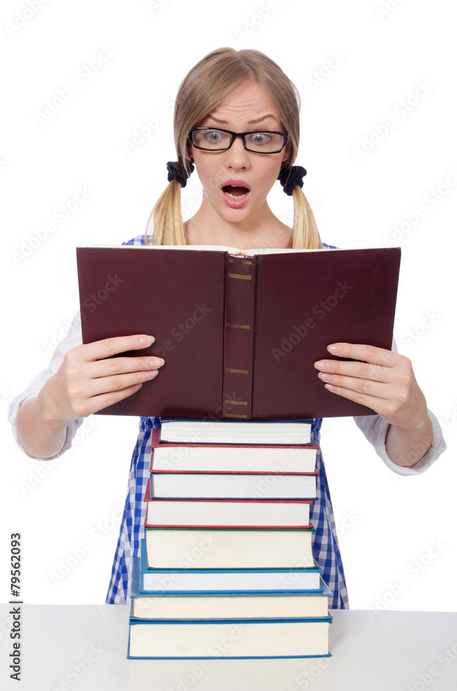 Funny student with stack of books Funny student with stack of books