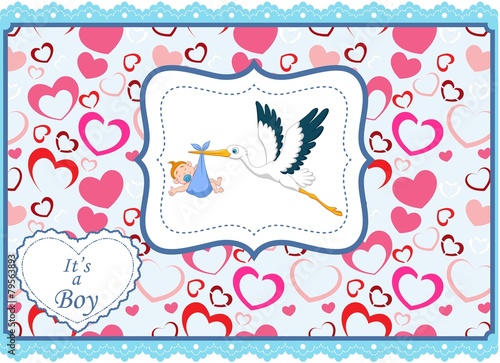Cartoon stork with baby boy card