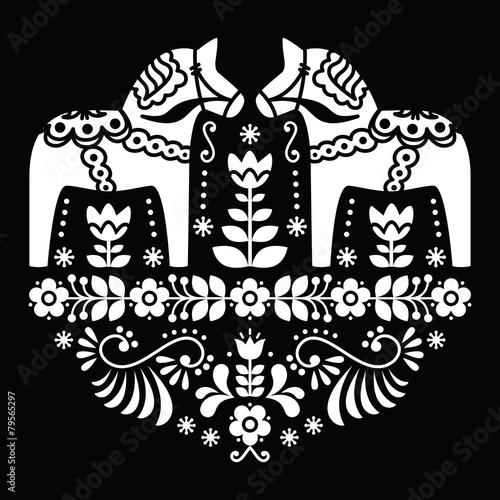 Swedish Dala or Daleclarian horse floral folk pattern on black