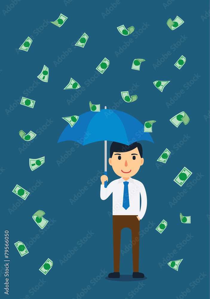 Businessman open an umbrella in a rain of money Businessman open an umbrella in a rain of money