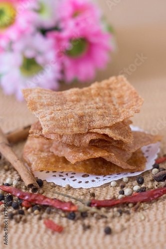 Sliced sheets of dried and crispy pork