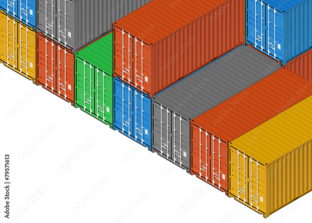 Fototapeta premium Group of colorful metal freight shipping containers on white