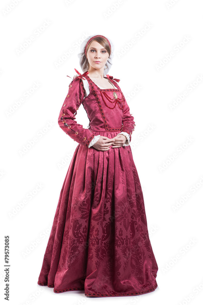 Medieval times lady dressed in elegant retro clothes isolated on