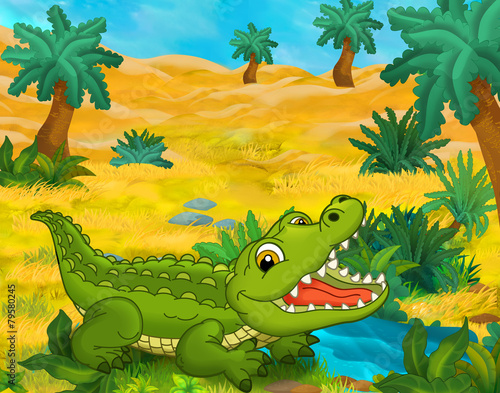Cartoon scene - wild Africa animals - crocodile - illustration for the children