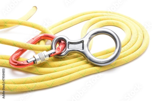 Carabinner rope and figure eight isolated on white photo