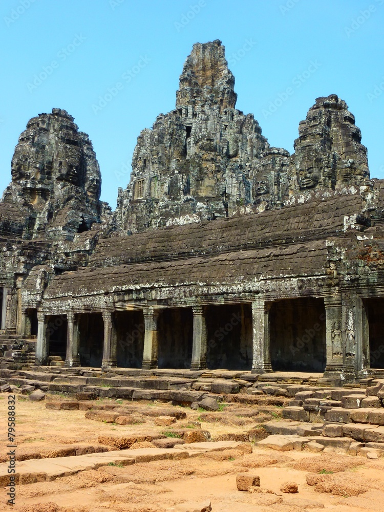 Large view of Bayon temple at Angkor Thom in Cambodia