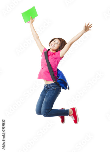 Young happy woman and student jumping