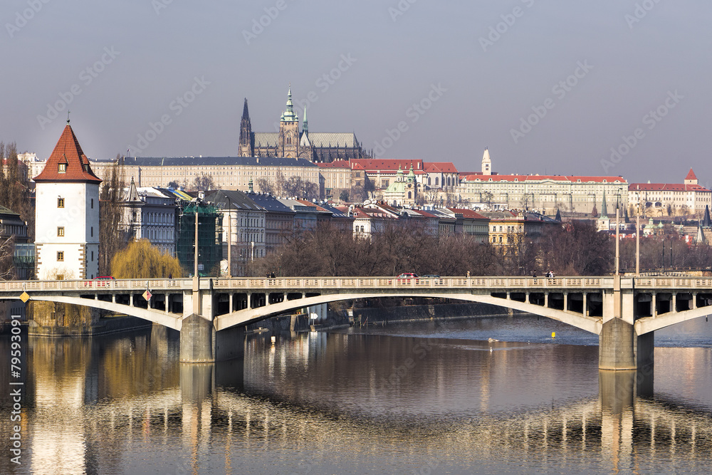 Panorama of Prague and bridge with reflection over river Vltava. Panorama of Prague and bridge with reflection over river Vltava.