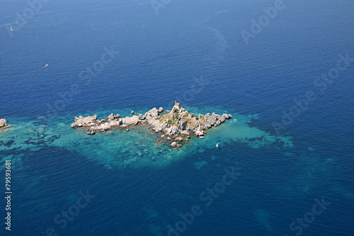 aerial view of the island with a chapel