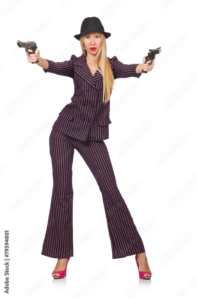 Young woman gangster with gun on white Young woman gangster with gun on white