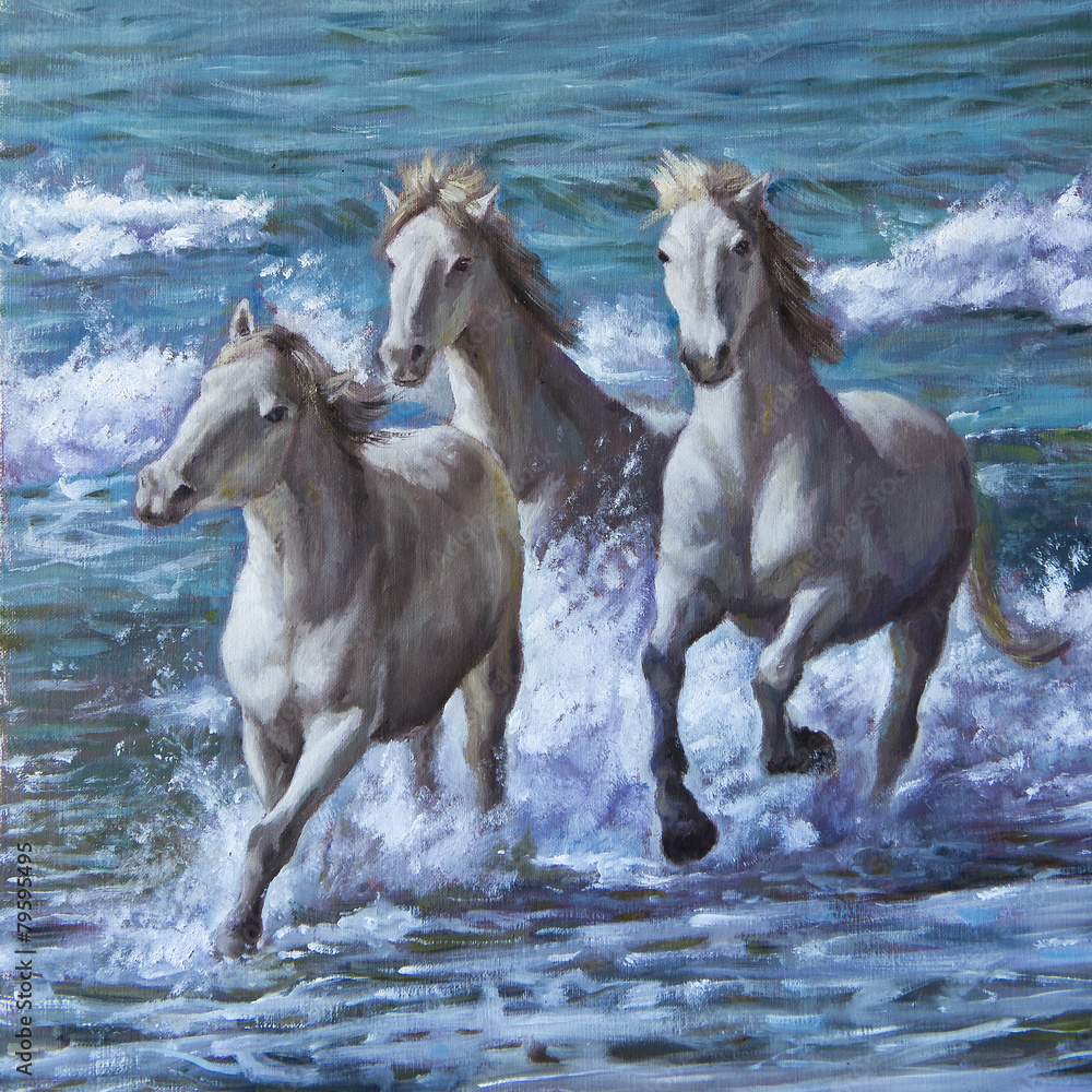 Fototapeta premium oil painting of horses by the sea