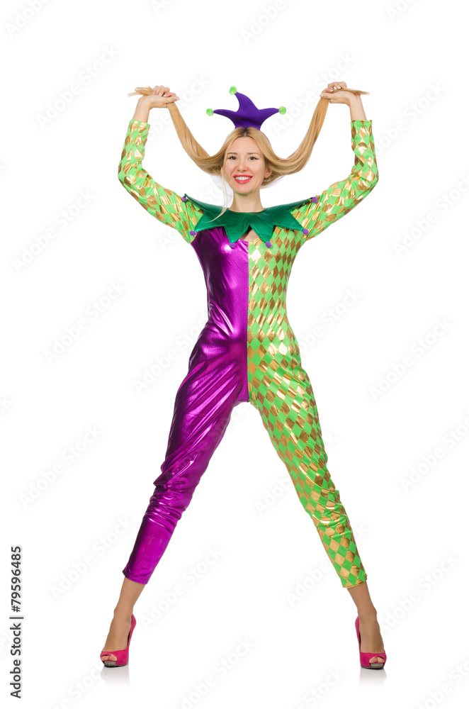 Woman wearing clown costume isolated on white Woman wearing clown costume isolated on white