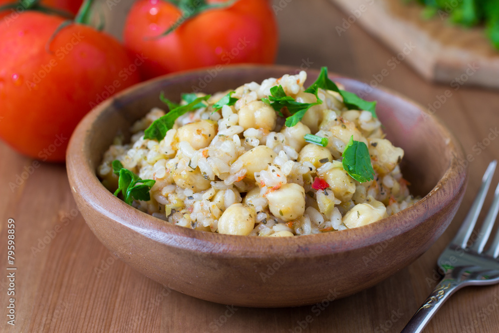 Chickpeas with rice and tomato sauce. Healthy vegan food Chickpeas with rice and tomato sauce. Healthy vegan food