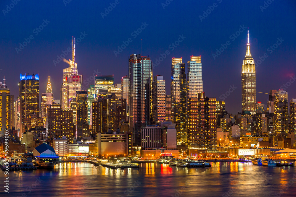 New York City Manhattan midtown buildings skyline night Stock Photo | Adobe  Stock