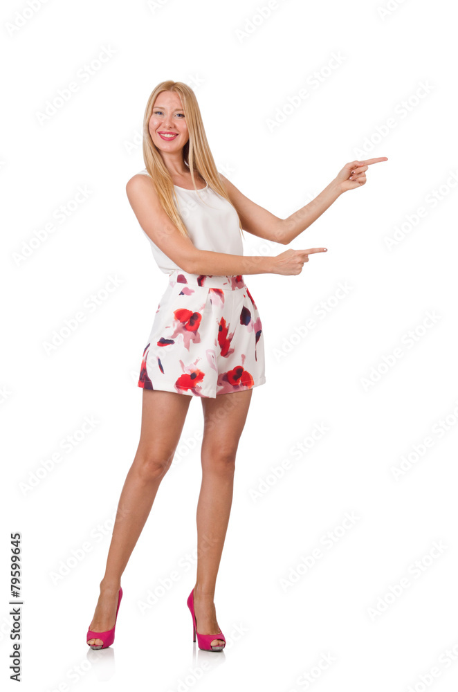 Woman pressing virtual button isolated on white Woman pressing virtual button isolated on white