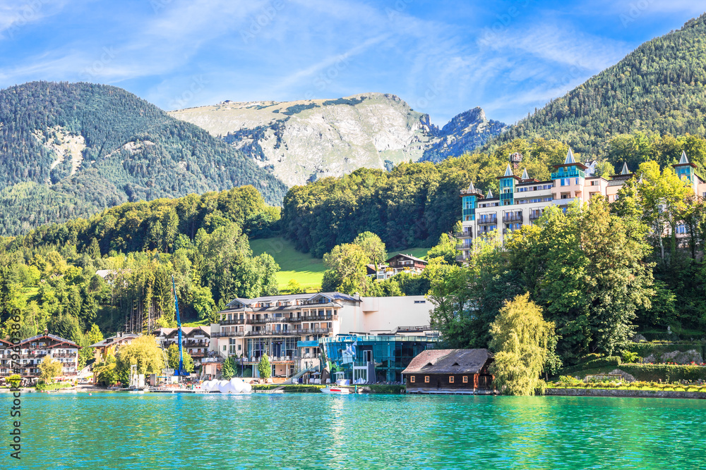 Naklejka premium View of the village at Wolfgangsee Lake
