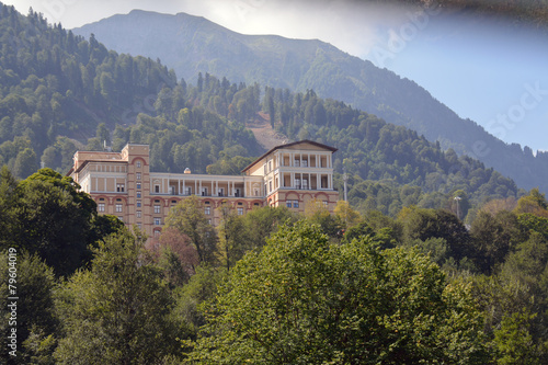 beautiful hotel building hidden among the mountains  Sochi  Russ
