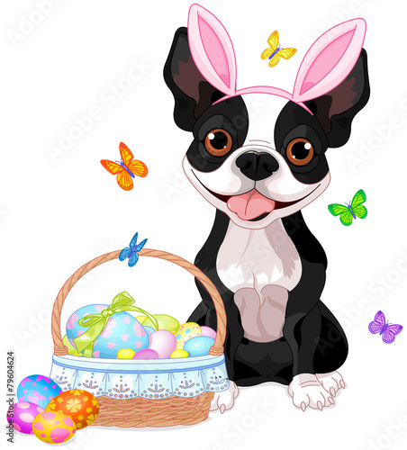 Boston terrier with Easter basket