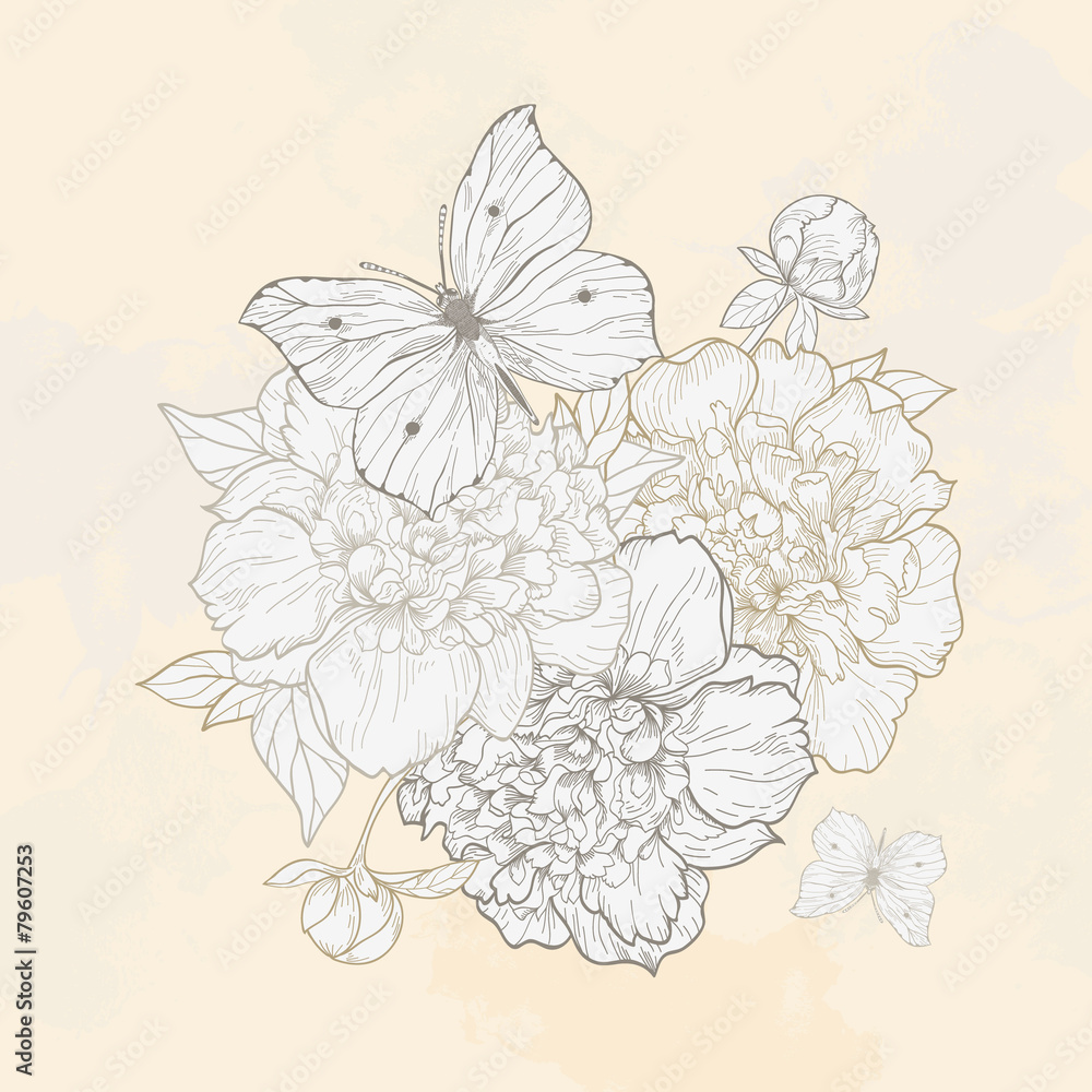 Illustration with peony and butterfly Illustration with peony and butterfly