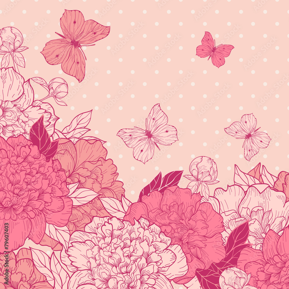 Fototapeta premium Card with peony and butterfly