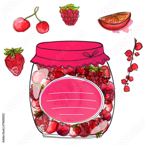 Hand drawn jar with homemade berry jam and isolated berries