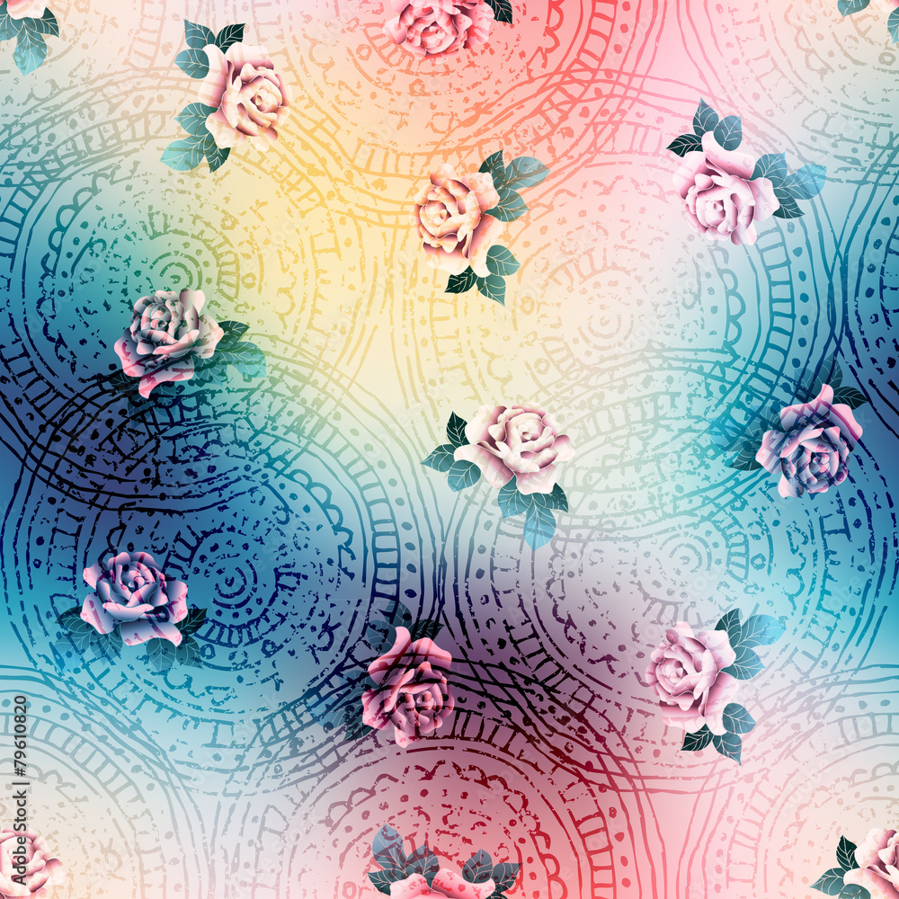 Vintage pattern of roses on blur background.