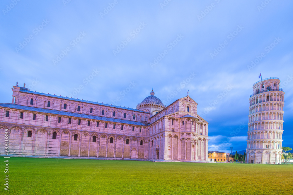 Famous leaning tower of Pisa during evening hours