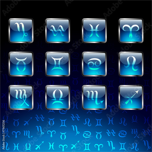 Signs of zodiac on glossy icons.