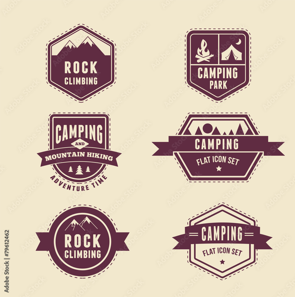 Hiking, camp badges - set of icons and elements